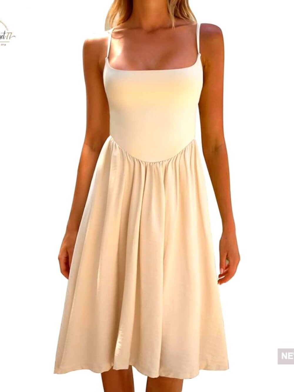 Lightweight Cotton Blend A-Line Midi Dress with Spaghetti Straps